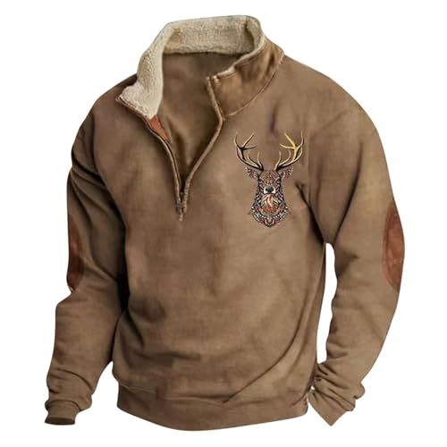 YOSUWOAI Herren Jagd Hirsch Bedruckte Sweatshirt mit 1/4 Knopfleiste Langarm Pullover Vintage Winter Oberteile mit Stehkragen Loose fit Winterpullover Oversized Arbeitspullover von YOSUWOAI