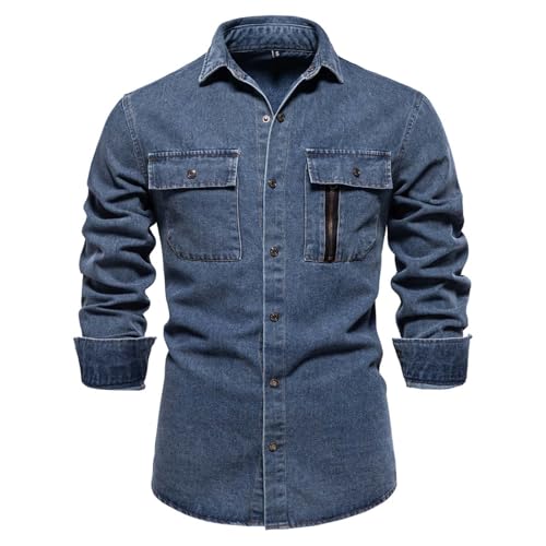 YOSUWOAI Herren Jeanshemd Langarm Casual Jeanshirt mit Zwei Taschen und Druckknöpfen Revers Herbsthemd Regular Fit Langarm Denim Hemd Slim Fit Langarmhemd Vintage Jeans Herrenhemd von YOSUWOAI