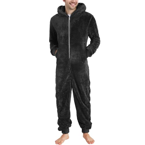YOSUWOAI Herren Jumpsuit Kuschelig Lustig Lang Pyjama Winter Warm Plüsch Overall Schlafoverall Reißverschluss Teddy Fleece Einteiler Onesie Schlafanzug mit Seitentaschen Weich Loungewear von YOSUWOAI