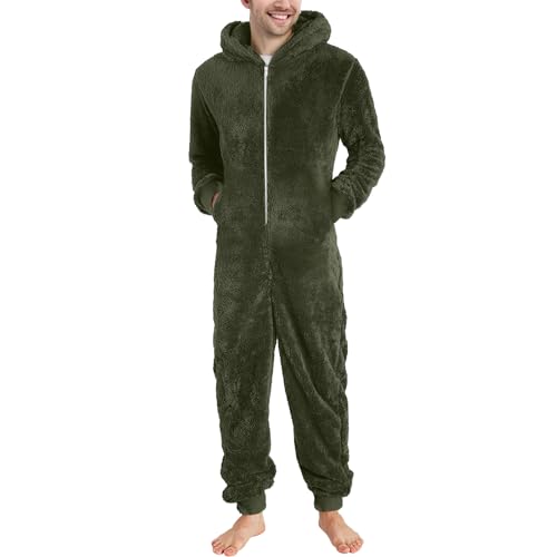 YOSUWOAI Herren Jumpsuit Kuschelig Lustig Lang Pyjama Winter Warm Plüsch Overall Schlafoverall Reißverschluss Teddy Fleece Einteiler Onesie Schlafanzug mit Seitentaschen Weich Loungewear von YOSUWOAI