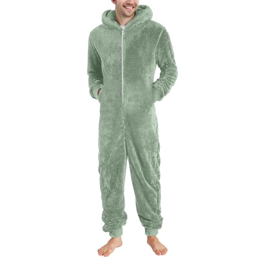 YOSUWOAI Herren Jumpsuit Kuschelig Lustig Lang Pyjama Winter Warm Plüsch Overall Schlafoverall Reißverschluss Teddy Fleece Einteiler Onesie Schlafanzug mit Seitentaschen Weich Loungewear von YOSUWOAI