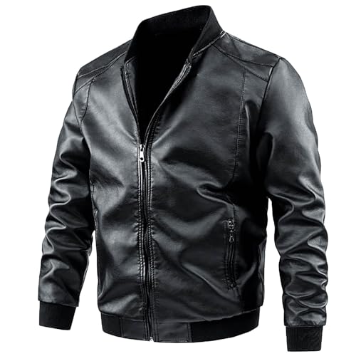 Herren Langarm Lederjacke mit Stehkragen Modisch Trend Bikerjacke Lässige Übergangsjacke Nappaleder Bomberjacke Schmale Passform Motorrad Jacken Leicht Kunstleder Outwear von YOSUWOAI