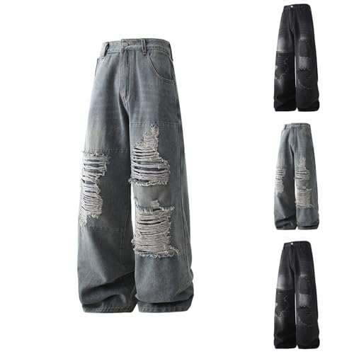 YOSUWOAI Herren Modisch Fake Destroyed Jeanshosen Y2k Straight Leg Jeanshose Straight Leg Jeans Baggy Vintage Flared Jeans Teenager Skateboard Hosen Leicht Sport Sweatpants Goth Weite Bein Denim von YOSUWOAI