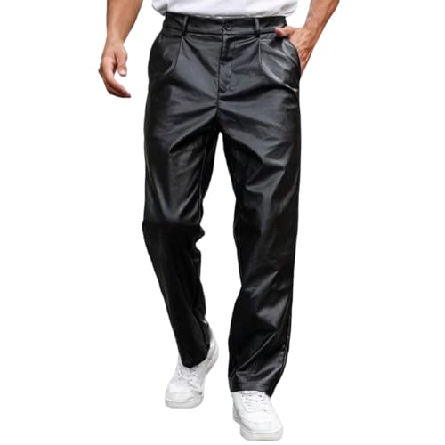 YOSUWOAI Herren Nachtclubhose Disco Hose Leder Hosen Gerade Fahrradhose Winddichte Bikerhose Loose fit Lederhose Kunstleder Motorradhose PU Leder Lang Lederhosen Einfarbige Outdoorhose von YOSUWOAI