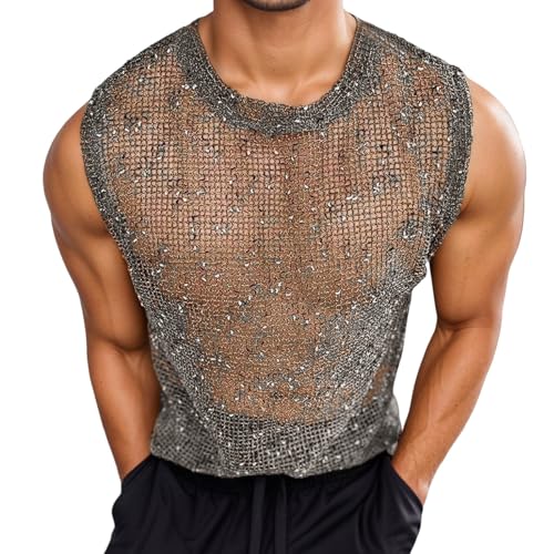 YOSUWOAI Herren Netzhemd Muskel Netzshirt Glitzer Transparent T-Shirt Sexy Netz Shirts Club Wear Sommer Netzoberteil Glänzend Durchsichtig Tops Ärmellos Hollow Out T-Shirt YOSUWOAI Herren Netzhemd Muskel Netzshirt Glitzer Transparent T-Shirt Sexy Netz Shirts Club Wear Sommer Netzoberteil Glänzend Durchsichtig Tops Ärmellos Hollow Out T-Shirt von YOSUWOAI