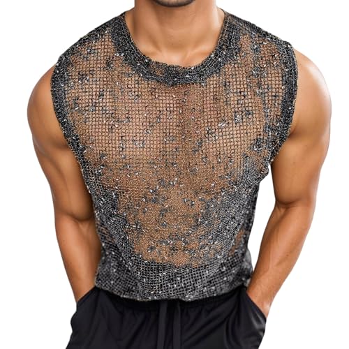 YOSUWOAI Herren Netzhemd Muskel Netzshirt Glitzer Transparent T-Shirt Sexy Netz Shirts Club Wear Sommer Netzoberteil Glänzend Durchsichtig Tops Ärmellos Hollow Out T-Shirt von YOSUWOAI