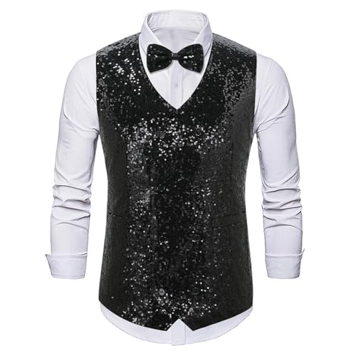 YOSUWOAI Herren Weste Glitzer Pailletten Anzugweste mit Fliege Karneval Kostüm Disco Glänzendes Zweireihiger Gilet Slim fit Herrenweste Mottoparty Herrenweste Party Festlich Outfit von YOSUWOAI