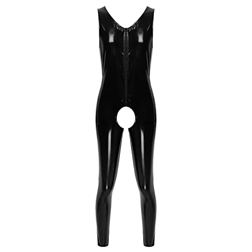 YOSUWOAI Herren Wetlook Lack Schwarz Leder Catsuit mit Ofenem Schritt Männer Sexy Latex Enger Reißverschluss Jumpsuit Erotisches Gummi Kleidung Ärmellos Club Muskel Jumpsuit von YOSUWOAI