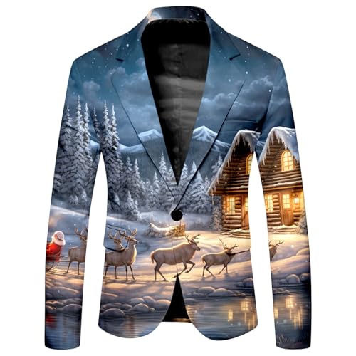 YOSUWOAI Jacke Herren Weihnachten Festliches Sakko mit Weihnachtsmotiv EIN Knopf Weihnachtsjacke Slim fit Anzugmantel Business Anzugjacken Freizeit Weihnachtssakko Christmas Party Blazer von YOSUWOAI