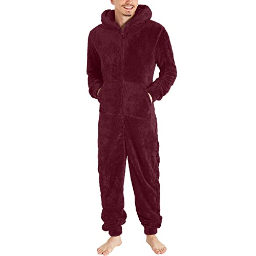 YOSUWOAI Jumpsuit Herren Damen Kuschelig Doppelseitiger Samt Schlafanzug Plüsch Lang Pyjama Winter Warm Overall Schlafoverall mit Reißverschluss und Taschen Teddy Fleece Einteiler Onesie von YOSUWOAI