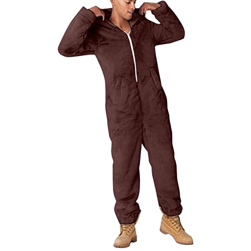 YOSUWOAI Jumpsuit Herren Damen Kuschelig Doppelseitiger Samt Schlafanzug Plüsch Lang Pyjama Winter Warm Overall Schlafoverall mit Reißverschluss und Taschen Teddy Fleece Einteiler Onesie von YOSUWOAI