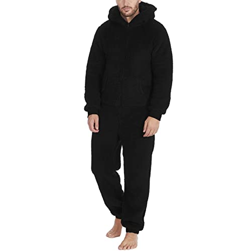 YOSUWOAI Jumpsuit Herren Damen Kuschelig Doppelseitiger Samt Schlafanzug Plüsch Lang Pyjama Winter Warm Overall Schlafoverall mit Reißverschluss und Taschen Teddy Fleece Einteiler Onesie von YOSUWOAI