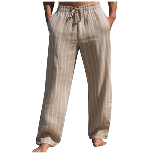 YOSUWOAI Leinenhose Herren Nadelstreifen Outdoorhose Breite Gerade Hose Laufhose mit Taschen Einfarbige Pyjamahose für Männer Bequeme Haushose Schnelltrocknend Freizeithose von YOSUWOAI