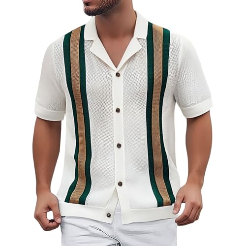 YOSUWOAI Poloshirts für Herren Gestreiftes Strick Golf Shirts Button Down Polohemd Kurzarm Hawaiihemd Strand Beilaufig Hawaii Strickhemd Atmungsaktiv Sporthemd Outdoor Freizeithemd von YOSUWOAI