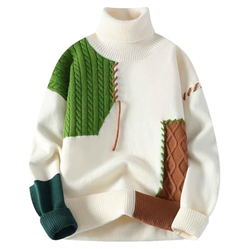 YOSUWOAI Rollkragenpullover für Herren Thicken Warme Strickpullover Farbblock Pullover Lockerer Turtleneck Sweater Oversize Winterpullover Y2K Teenager Longsleeve Grobstrick Sweatshirt von YOSUWOAI