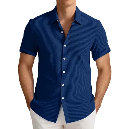 YOSUWOAI Strickhemd Herren Kurzarm Sommerhemd Regular Fit Hawaii Freizeithemden Bügelfrei Button Down Casual Strand Hemden Elegant Einfarbige Urlaubshemd Sommer Atmungsaktiv Kurzarmhemd von YOSUWOAI
