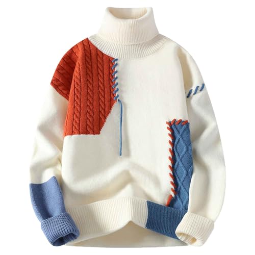 YOSUWOAI Strickpullover Herren Locker Oversize Strickpulli mit Turtleneck Langarm Farbblock Rollkragenpullover Warm Dicke Winterpullover Bequeme Grobstrick Pullover Weich Feinstrick Sweater von YOSUWOAI