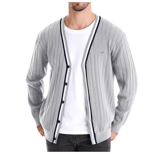 YOSUWOAI Trachtenjacke Herren Langärmlige Farbblock Patchwork Strickjacke mit Knöpfen V-Ausschnitt Stretch Strickpulli Leichte Slim Fit Feinstrick Modisch Lässig Weich Oberbekleidung von YOSUWOAI