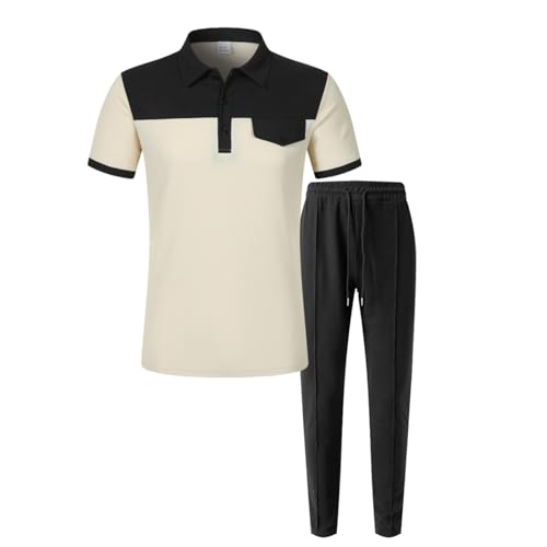 YOSUWOAI Trainingsanzug Herren Kurzarm 2-Teiliges Jogginganzug Casual Sportanzug Waffel Revers Hemd und Hose Freizeitanzug Color Blocking Sportshorts Sommer 2-teiliges Loungewear von YOSUWOAI