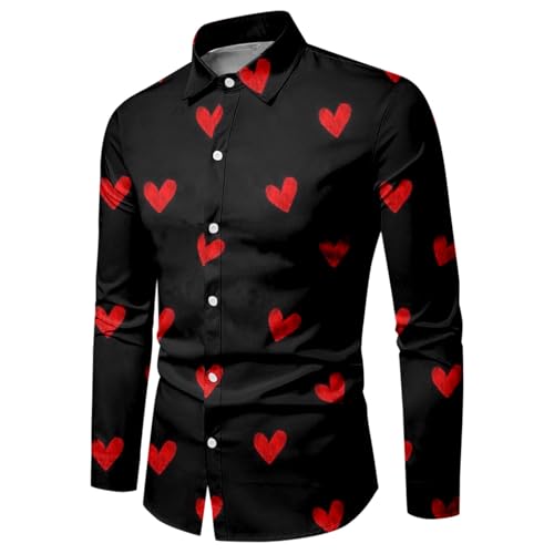 YOSUWOAI Valentinstag Hemd Herren Langarm Slim Fit Bügelfrei Hemden Lustige mit 3D Bedruckte Herz Langarmhemd Button Down Kleid Langarmshirt Regular Fit Businesshemd Revers Herrenhemd von YOSUWOAI