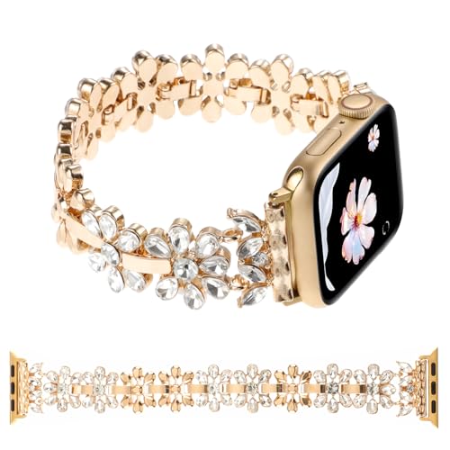 YOSWAN Armband kompatibel mit Apple Watch 38/40/41/42/44/45/49 mm, für Damen und Mädchen, Schmuck-Metallarmband mit Diamant-Strass, Armband für iWatch-Bänder Serie 8, 7, 6, 5, 4, 3, 2, 1 SE (38/40/41 von YOSWAN