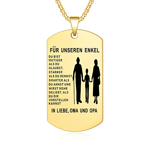YOTHIWAD Halskette für Unseren Enkel Dog Tag Kette An Unseren Enkel Halskette mit Gravur Inspirierend Text Geschenk für Enkel von Opa Oma(Gold) von YOTHIWAD