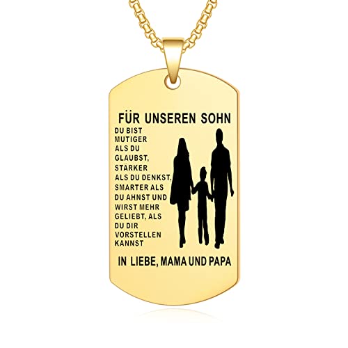 YOTHIWAD Halskette für Unseren Sohn Dog Tag Kette An Unseren Sohn Halskette mit Gravur Inspirierend Text Geschenk für Sohn von Mama Papa(Gold) von YOTHIWAD