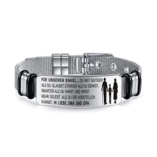 YOTHIWAD Inspirierende Armbänder für Unseren Enkel Personalisierte Armband mit Gravur An Unseren Enkel Armbänder 316L Edelstahl Verstellbar Armband Schnalle Mesh Geschenk für Enkel von Opa Oma von YOTHIWAD
