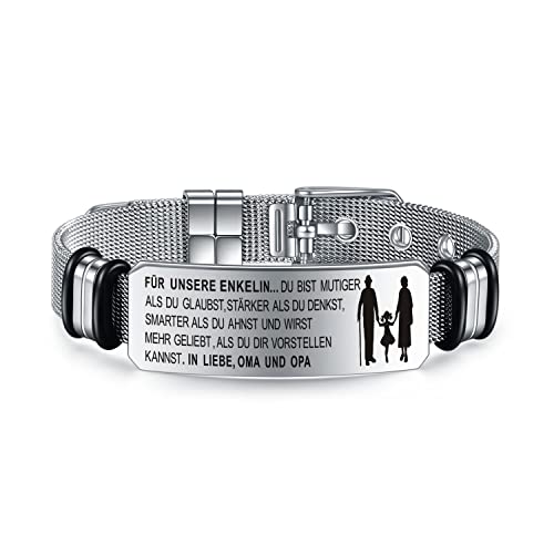 YOTHIWAD Inspirierende Armbänder für Unsere Enkelin Personalisierte Armband mit Gravur An Unsere Enkelin Armbänder 316L Edelstahl Verstellbar Armband Schnalle Mesh Geschenk für Enkelin von Opa Oma von YOTHIWAD