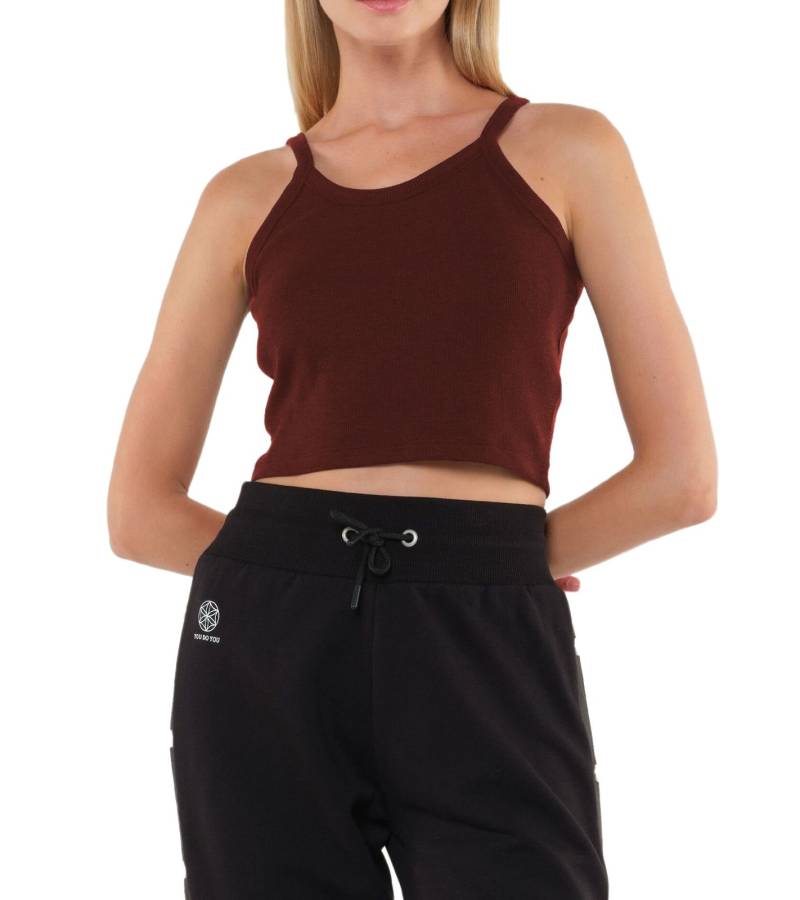 YOU DO YOU Damen Crop-Top geripptes Fitness-Top Baumwoll-Shirt Tanktop Yoga-Mode 905101 Mahagoni-Braun von YOU DO YOU