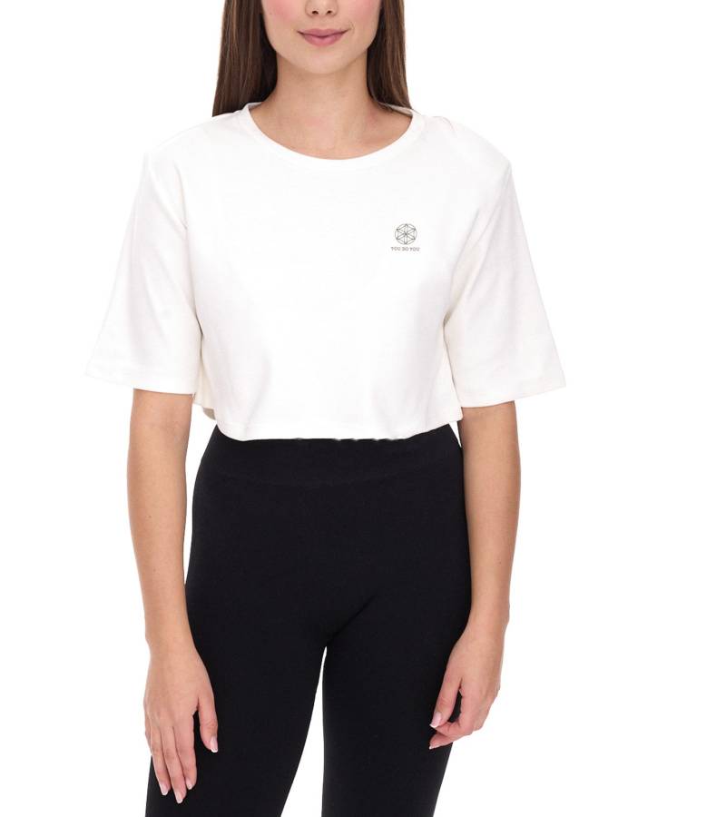 YOU DO YOU Damen T-Shirt im Cropped-Style Fitness-Top mit Rücken-Cut Out Baumwoll-Shirt 905051 Weiß von YOU DO YOU
