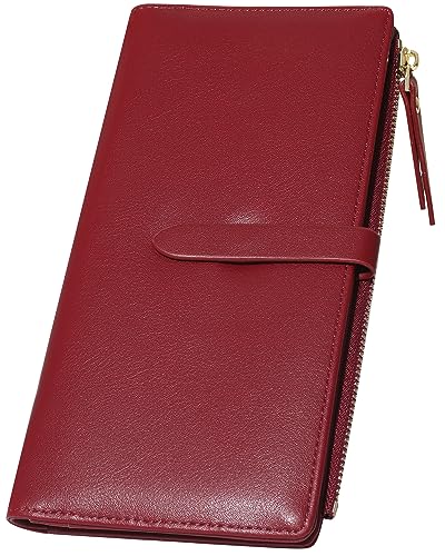 YOUBDM Schlanke Brieftaschen für Frauen Kreditkartenhalter RFID Bifold Clutch Brieftaschen Scheckbuch mit Reißverschlusstasche, Weinrot von YOUBDM