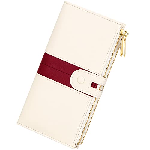 YOUBDM Schlanke Geldbörsen für Frauen Leder Kartenhalter Geldbörse Große Kapazität Bifold Clutch Geldbörse mit Doppelreißverschluss Tasche, Beige mit Weinrot von YOUBDM