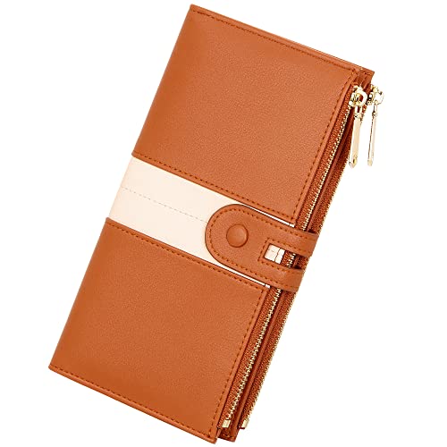 YOUBDM Schlanke Geldbörsen für Frauen Leder Kartenhalter Geldbörse Große Kapazität Bifold Clutch Geldbörse mit Doppelreißverschluss Tasche, Braun mit Beige von YOUBDM