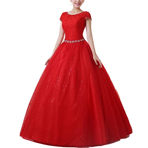 Brautkleid A-Linie Spitzen Hochzeitskleid Damen Maxi Kleider Lang Abendkleid Runde Ausschnitt Kurzarm Brautkleider,Rot,EU34 von YOUCAI