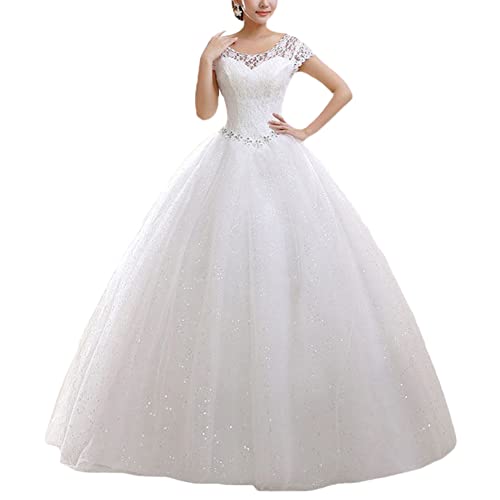 Brautkleid A-Linie Spitzen Hochzeitskleid Damen Maxi Kleider Lang Abendkleid Runde Ausschnitt Kurzarm Brautkleider,Weiss,EU30 von YOUCAI