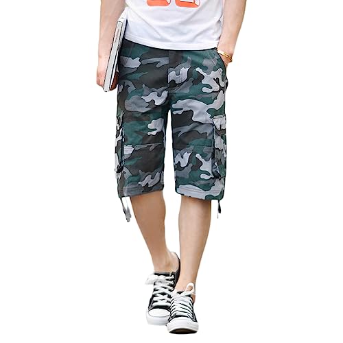 Cargo Hose Herren Kurze Hosen Freizeithose Camouflage Cargo Shorts Arbeitshose Loose Casual Cargohose Outdoor Bermuda Kurz Dreiviertel Hose mit Multi Taschen,Blau,36 von YOUCAI