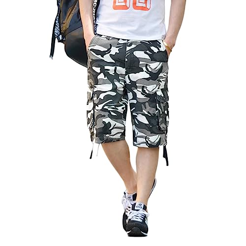 Cargo Hose Herren Kurze Hosen Freizeithose Camouflage Cargo Shorts Arbeitshose Loose Casual Cargohose Outdoor Bermuda Kurz Dreiviertel Hose mit Multi Taschen,Weiss,30 von YOUCAI