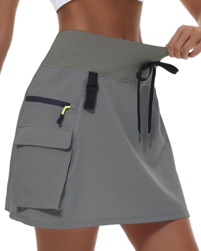 Cargo-Rock für Damen Hohe Taille Golf Röcke mit Reißverschluss und Taschen Tennis Sportrock Laufrock Running Wandern Laufen Rock Mit Hose,Grau,L Cargo-Rock für Damen Hohe Taille Golf Röcke mit Reißverschluss und Taschen Tennis Sportrock Laufrock Running Wandern Laufen Rock Mit Hose,Grau,L von YOUCAI