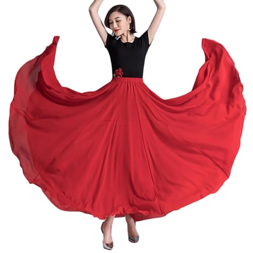 Chiffon Bauchtanz Rock Damen Flamenco Rock Lang 720 Grad Rock Flamenco Tanzrock Professionelle Tänzer Schwingen Tanz Rock Tanzkostüme Kleidung,Rot,XS von YOUCAI
