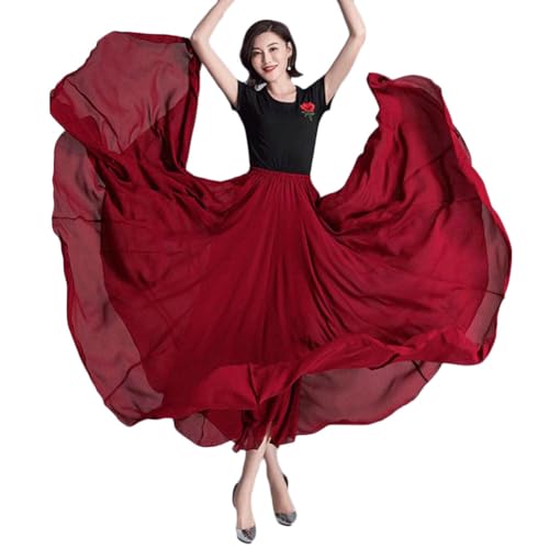 Chiffon Bauchtanz Rock Damen Flamenco Rock Lang 720 Grad Rock Flamenco Tanzrock Professionelle Tänzer Schwingen Tanz Rock Tanzkostüme Kleidung,Weinrot,M von YOUCAI