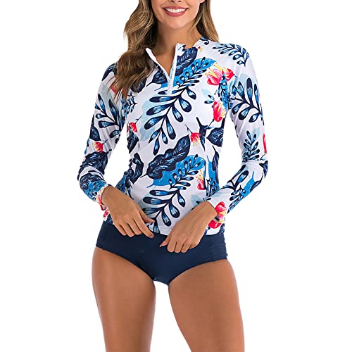 Damen Bademode Rash Guard Uv Shirts Langarm 1/4 Reißverschluss Gedruckt Surf Shirt Schwimmen Tankini Sets Wassersport Surf Shirt Bademode Badeshirts Zweiteiler Badeanzug,Weiß,L von YOUCAI