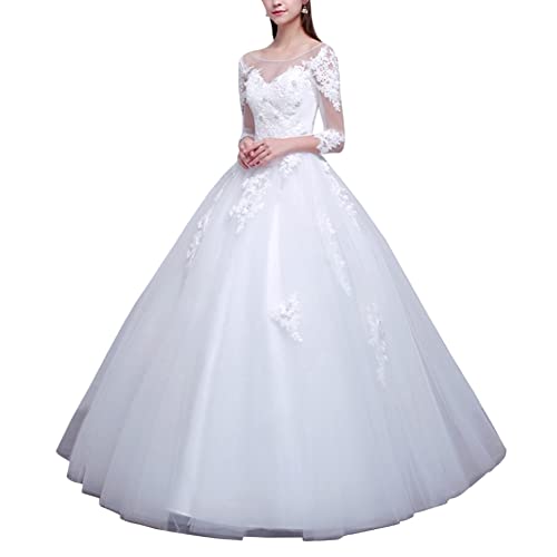 Damen Brautkleider Lang Spitzen Tüll Formellen Abendkleid Ballkleid Festkleider Hochzeitskleid A-Linie Prinzessin Brautkleid mit Ärmel,Weiss,EU38 von YOUCAI