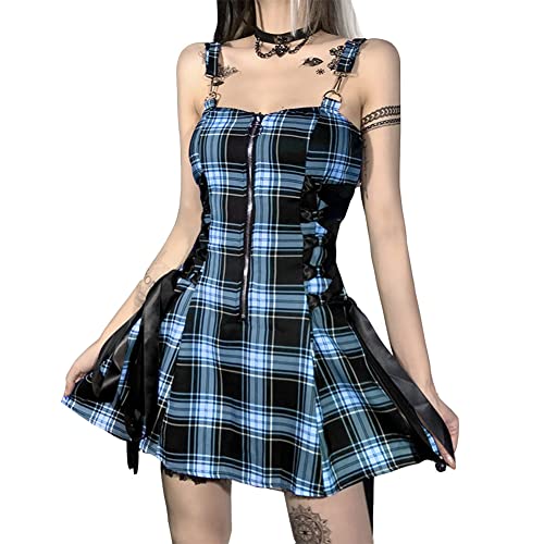 Damen Gothic Punk Kleid Elegantes Hosenträgerkleid Karo-Streifen-Reißverschluss-Design Ärmelloses Kariertes Lolita-Minikleid A-Linie Bodycon Kleider Blau 3XL von YOUCAI