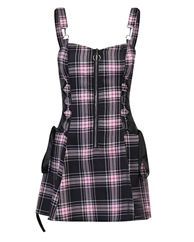 Damen Gothic Punk Kleid Elegantes Hosenträgerkleid Karo-Streifen-Reißverschluss-Design Ärmelloses Kariertes Lolita-Minikleid A-Linie Bodycon Kleider Pink 3XL von YOUCAI