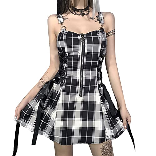 Damen Gothic Punk Kleid Elegantes Hosenträgerkleid Karo-Streifen-Reißverschluss-Design Ärmelloses Kariertes Lolita-Minikleid A-Linie Bodycon Kleider Schwarz S von YOUCAI