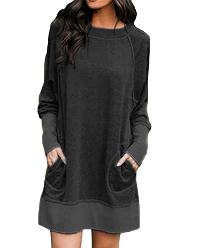 Damen Herbst Beiläufige Strecken Lose T-Shirt Swing Kleid Rundhals Langarm Minikleid Langes Shirt Lose Tunika Farblich Passende Nähte Warmes Und Bequemes Basic T-Shirt Kleid,Dunkel Grau,5XL von YOUCAI