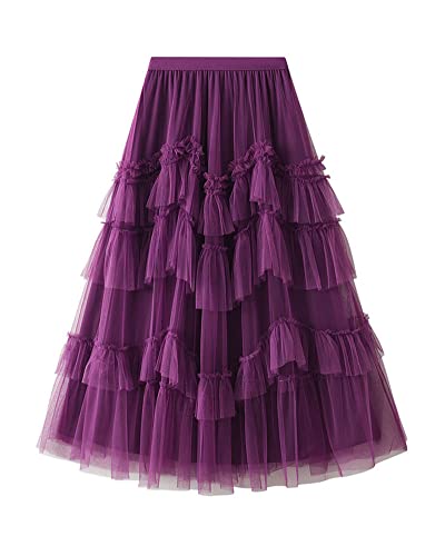 Damen Langer Rock Elegant Unterrock einfarbig Gummizug mit hoher Taille Langer Faltenrock Mesh-Nähte Tutu Rüschen Tüllrock Mesh geschichtet Ausgestellte A-Linie Rock Violett M von YOUCAI