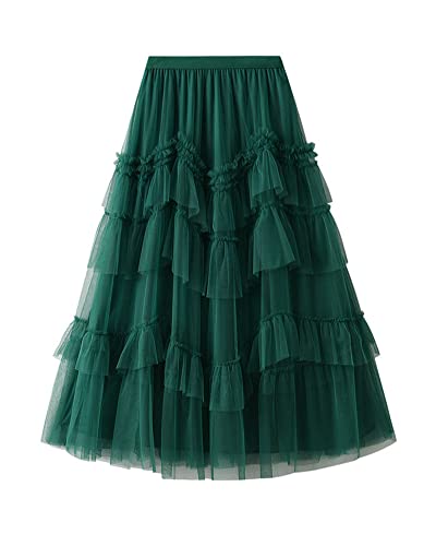 Damen Langer Rock Elegant Unterrock einfarbig Gummizug mit hoher Taille Langer Faltenrock Mesh-Nähte Tutu Rüschen Tüllrock Mesh geschichtet Ausgestellte A-Linie Rock grün M von YOUCAI