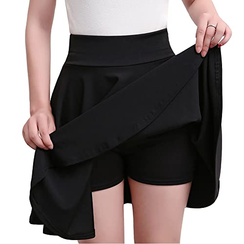 Damen Minirock Basic Einfarbiger Stretchy Fließender Rock in A-Linie Party-Abschlussball-Rock Kurzer Swing-Tennisrock Solide Skater Rock mit Shorts Schwarz 4XL von YOUCAI